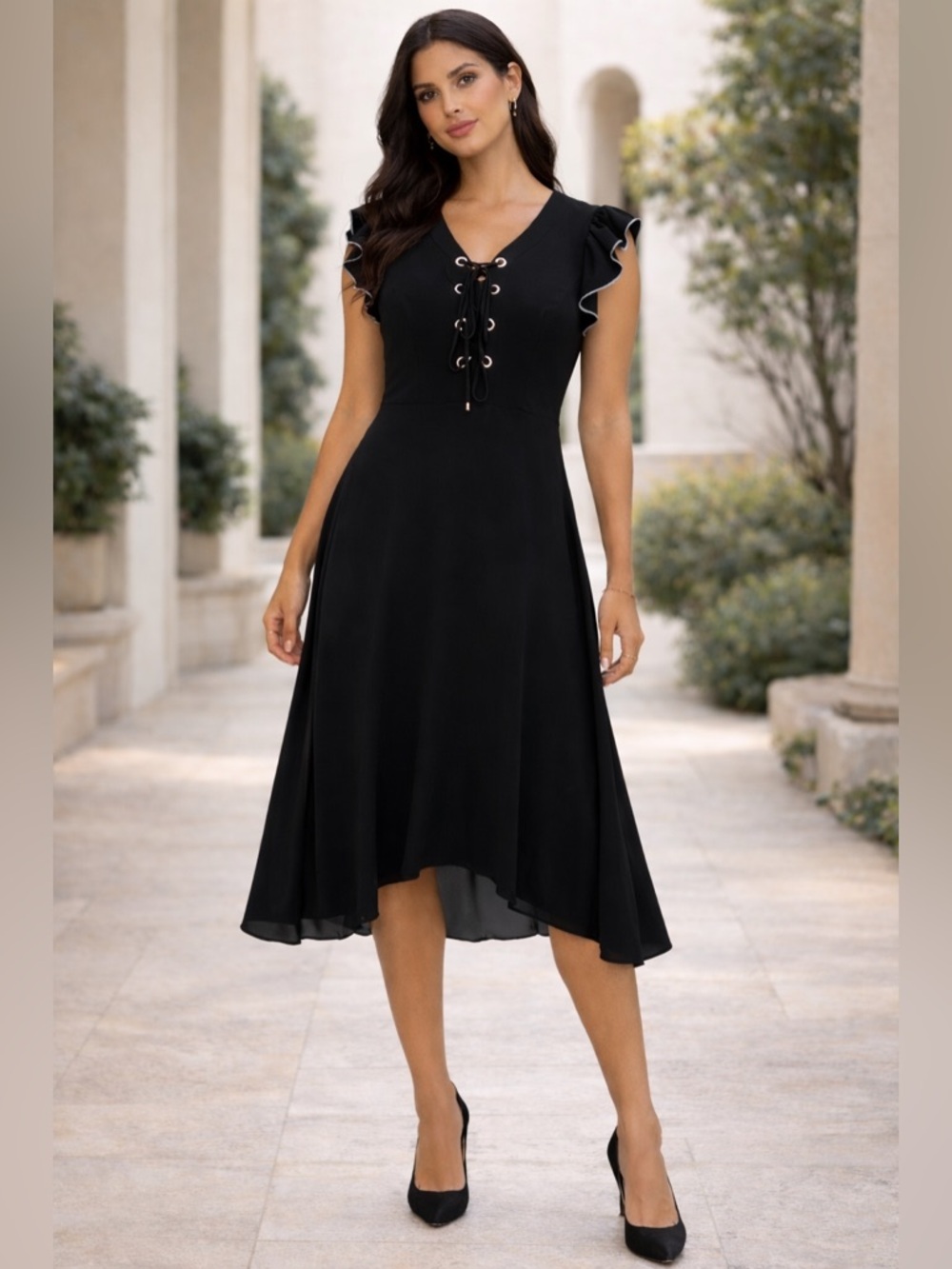 Ivanka Trump Black Chiffon Lace-Up High-Low Midi Dress Rose gold Hardware